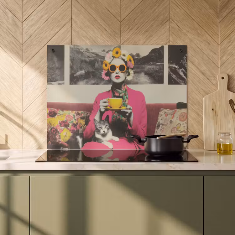 2-in-1 Herdabdeckplatte & Spritzschutz - Frau - Katze - Blumen - Tasse - Retro - Vrouw - Kat - Bloemen - Kopje - Retro Inductie beschemer met haakjes klein