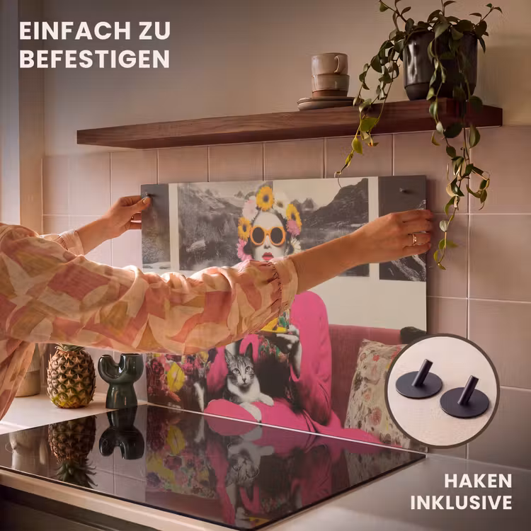 2-in-1 Herdabdeckplatte & Spritzschutz - Frau - Katze - Blumen - Tasse - Retro - Vrouw - Kat - Bloemen - Kopje - Retro Inductie beschemer met haakjes klein
