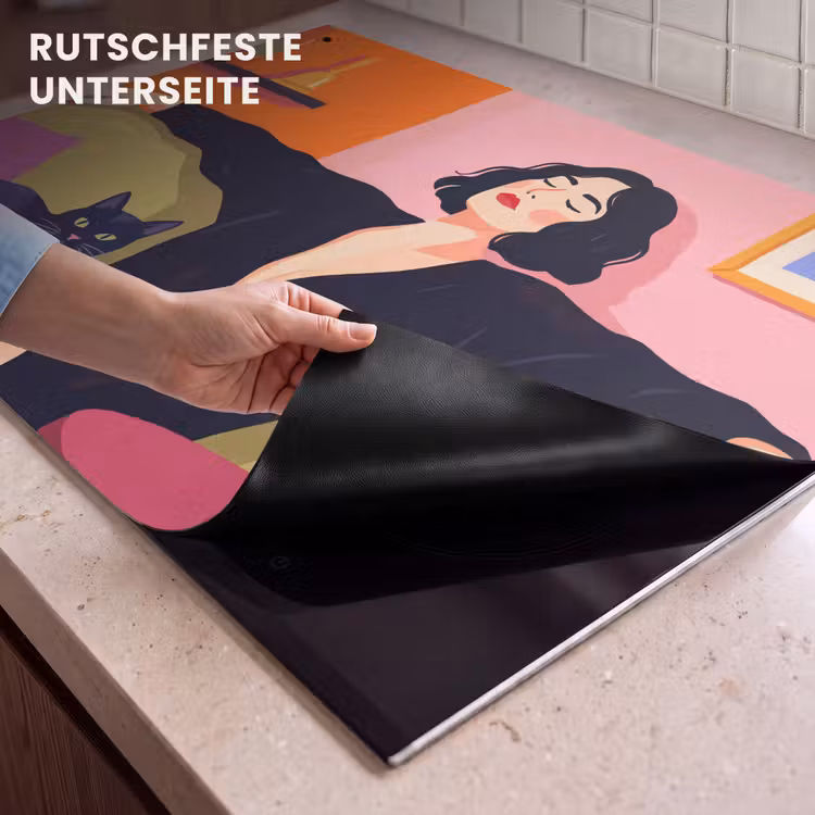 Vrouw - Kat - Interieur - Modern - Kleurrijk Inductie beschemer met haakjes klein -ky-onderkant-de