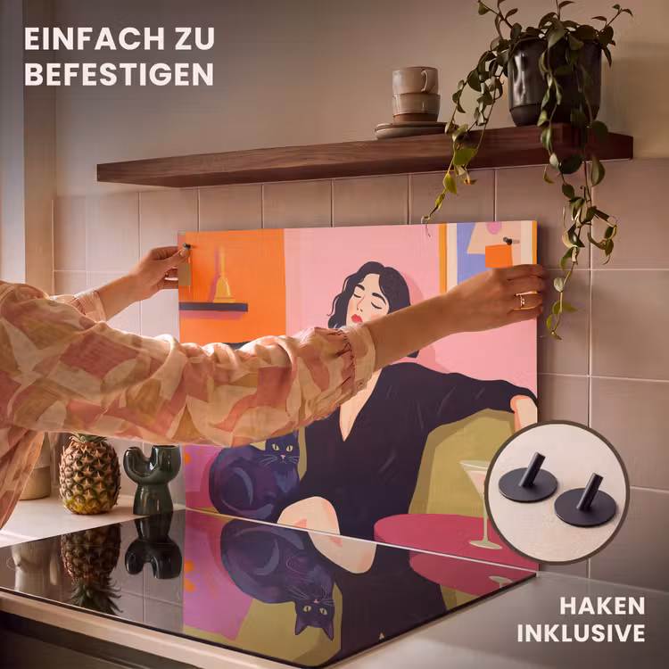 Vrouw - Kat - Interieur - Modern - Kleurrijk Inductie beschemer met haakjes klein -ky-ophangen-de