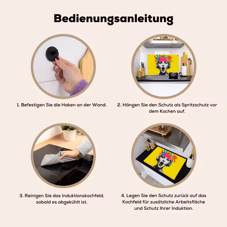 2-in-1 Herdabdeckplatte & Spritzschutz - Frau - Kopfhörer - Gelb - Vrouw - Koptelefoon - Geel Inductie beschemer met haakjes klein