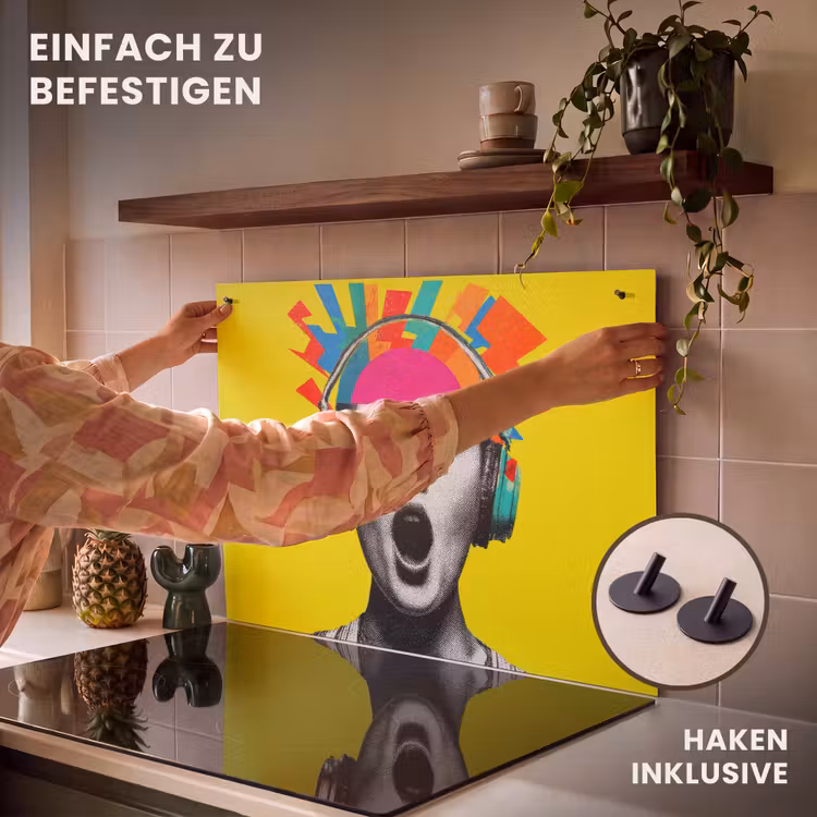 2-in-1 Herdabdeckplatte & Spritzschutz - Frau - Kopfhörer - Gelb - Vrouw - Koptelefoon - Geel Inductie beschemer met haakjes klein