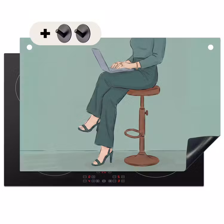 Vrouw - Laptop - Zittend - Illustratie - Groen Inductie beschemer met haakjes klein -3d