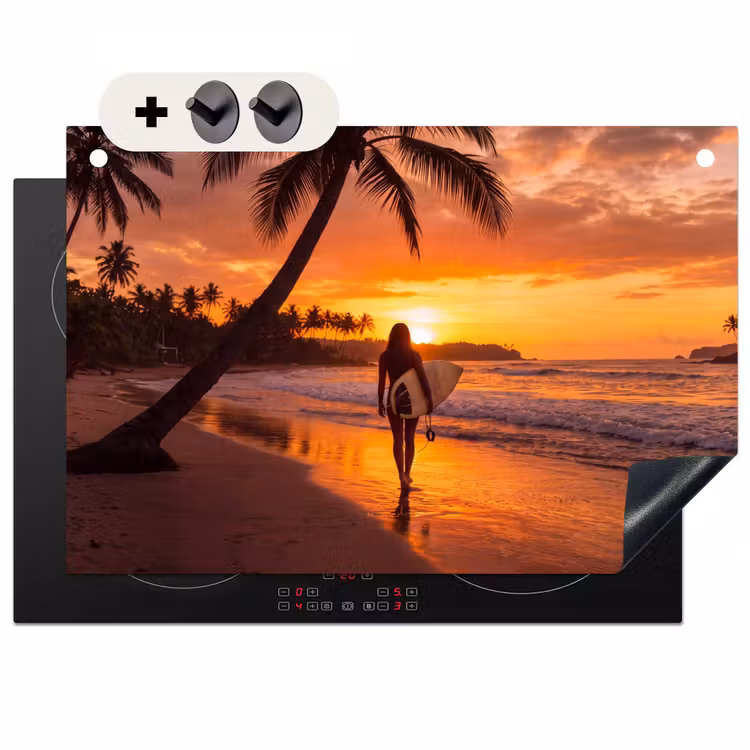 Vrouw - Surfplank - Strand - Zonsondergang - Oranje Inductie beschemer met haakjes klein -3d