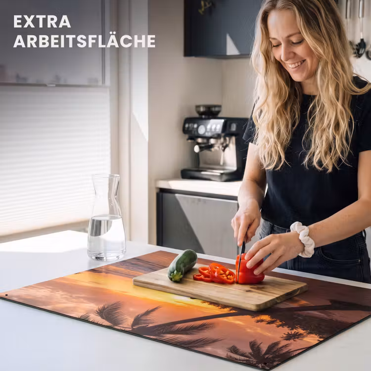 Vrouw - Surfplank - Strand - Zonsondergang - Oranje Inductie beschemer met haakjes klein -ky-usp-de