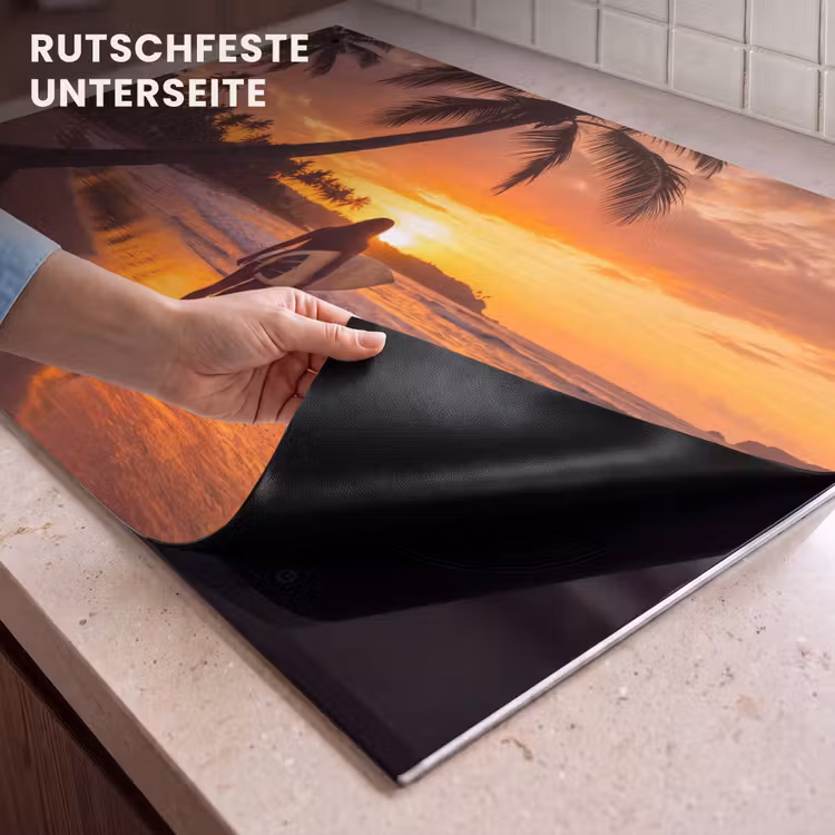 Vrouw - Surfplank - Strand - Zonsondergang - Oranje Inductie beschemer met haakjes klein -ky-onderkant-de