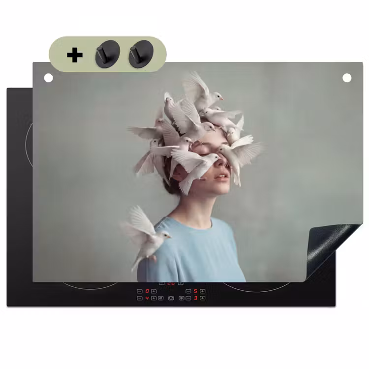 Vrouw - Vogels - Abstract - Modern - Wit Inductie beschemer met haakjes klein -3d