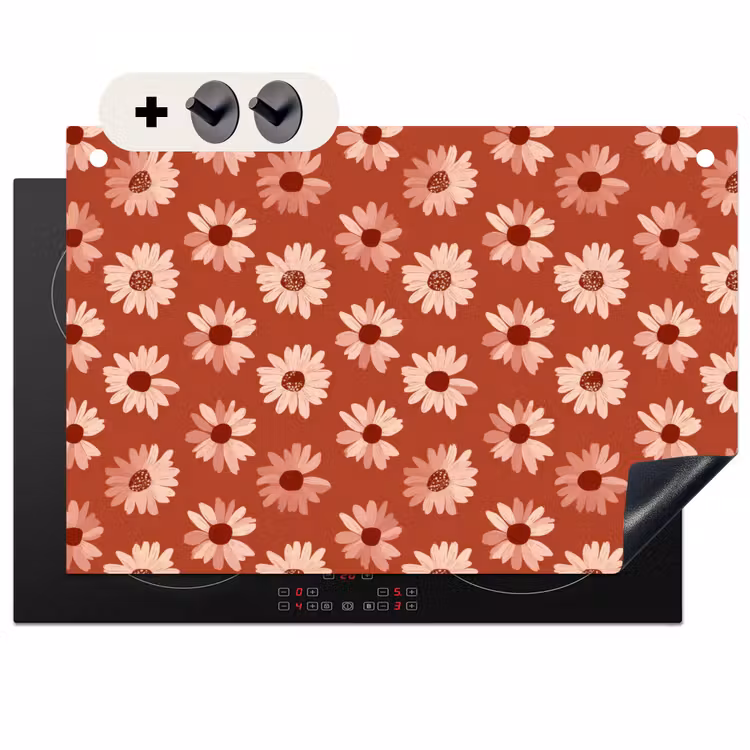 2-in-1 Herdabdeckplatte & Spritzschutz - Gänseblümchen - Retro - Terrakotta - Madelief - Retro - Terracotta Inductie beschemer met haakjes klein 777