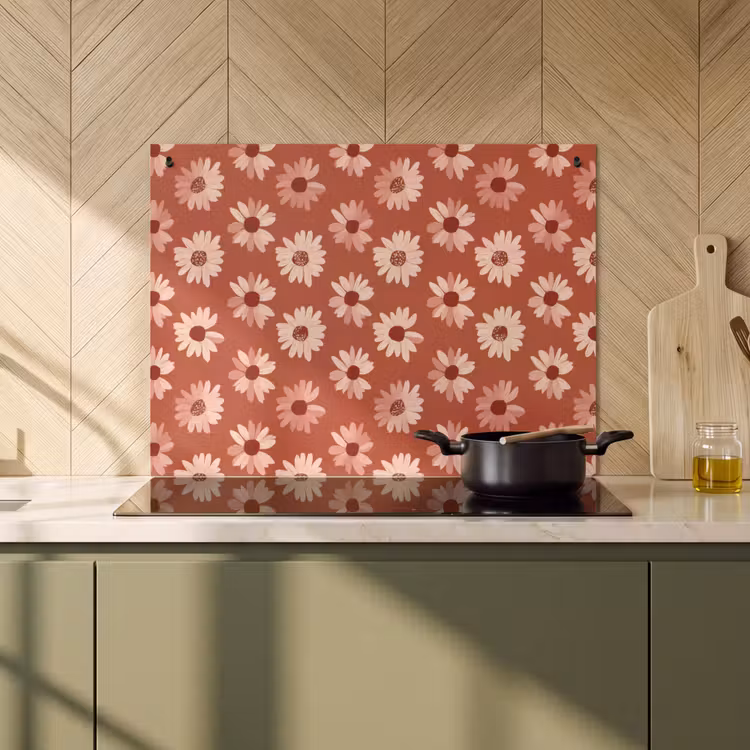 2-in-1 Herdabdeckplatte & Spritzschutz - Gänseblümchen - Retro - Terrakotta - Madelief - Retro - Terracotta Inductie beschemer met haakjes klein 777