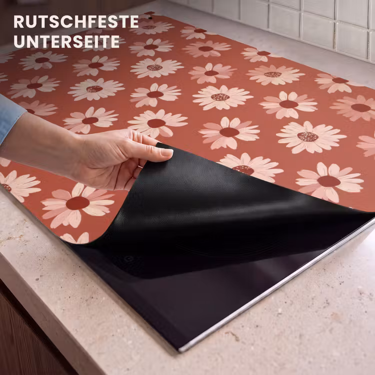 2-in-1 Herdabdeckplatte & Spritzschutz - Gänseblümchen - Retro - Terrakotta - Madelief - Retro - Terracotta Inductie beschemer met haakjes klein 777