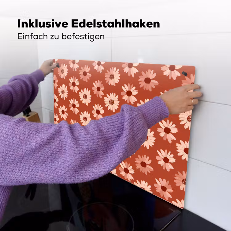2-in-1 Herdabdeckplatte & Spritzschutz - Gänseblümchen - Retro - Terrakotta - Madelief - Retro - Terracotta Inductie beschemer met haakjes klein 777