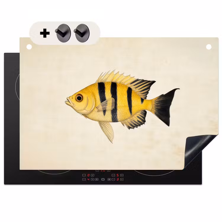 2-in-1 Herdabdeckplatte & Spritzschutz - Gelb - Fisch - Streifen - Tropisch - Geel - Vis - Strepen - Tropisch Inductie beschemer met haakjes klein