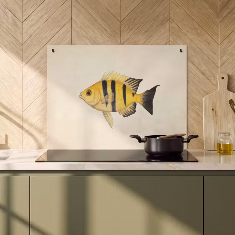 2-in-1 Herdabdeckplatte & Spritzschutz - Gelb - Fisch - Streifen - Tropisch - Geel - Vis - Strepen - Tropisch Inductie beschemer met haakjes klein