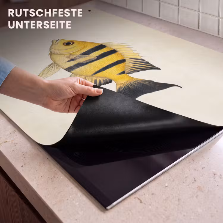 2-in-1 Herdabdeckplatte & Spritzschutz - Gelb - Fisch - Streifen - Tropisch - Geel - Vis - Strepen - Tropisch Inductie beschemer met haakjes klein