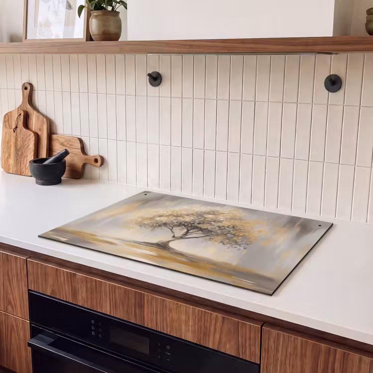 2-in-1 Herdabdeckplatte & Spritzschutz - Gemälde - Baum - Abstrakt - Blätter - Schilderij - Boom - Abstract - Bladeren Inductie beschemer met haakjes klein