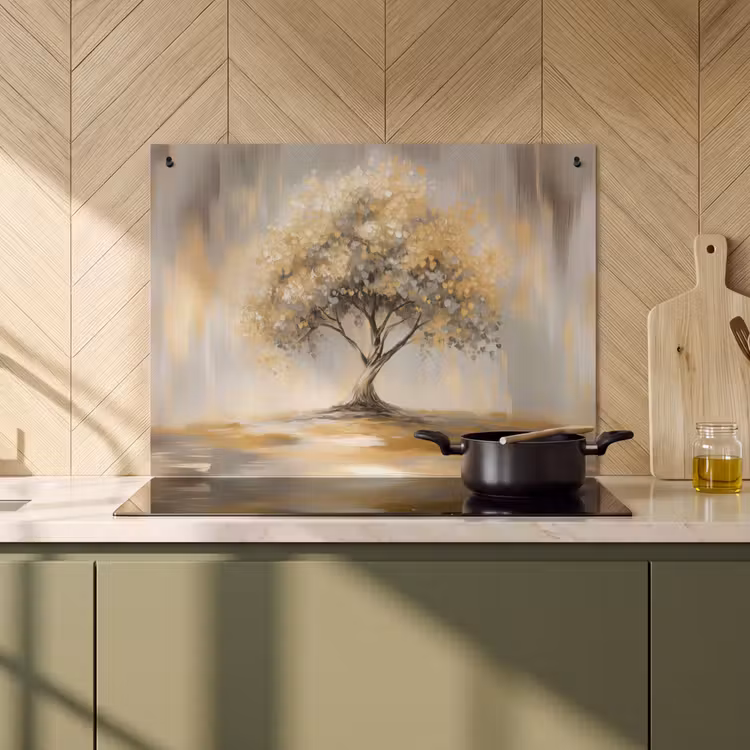 2-in-1 Herdabdeckplatte & Spritzschutz - Gemälde - Baum - Abstrakt - Blätter - Schilderij - Boom - Abstract - Bladeren Inductie beschemer met haakjes klein