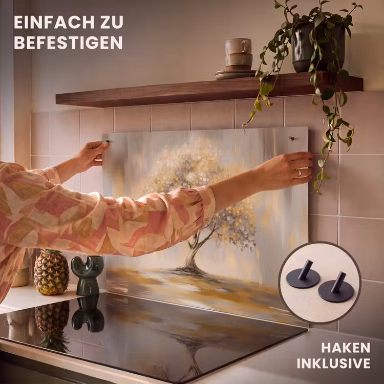 2-in-1 Herdabdeckplatte & Spritzschutz - Gemälde - Baum - Abstrakt - Blätter - Schilderij - Boom - Abstract - Bladeren Inductie beschemer met haakjes klein