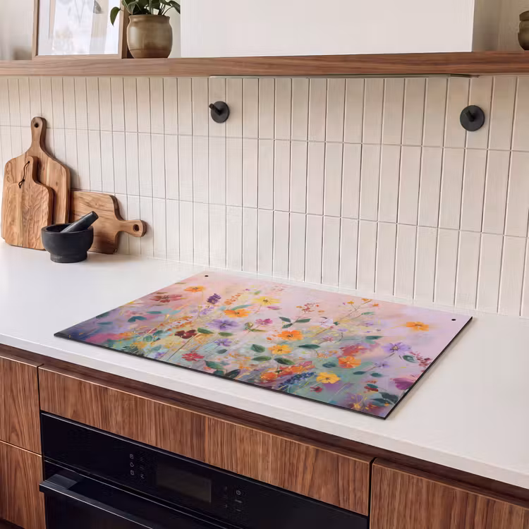 2-in-1 Herdabdeckplatte & Spritzschutz - Gemälde - Blumen - Abstrakt - Farbenfroh - Schilderij - Bloemen - Abstract - Kleurrijk Inductie beschemer met haakjes klein