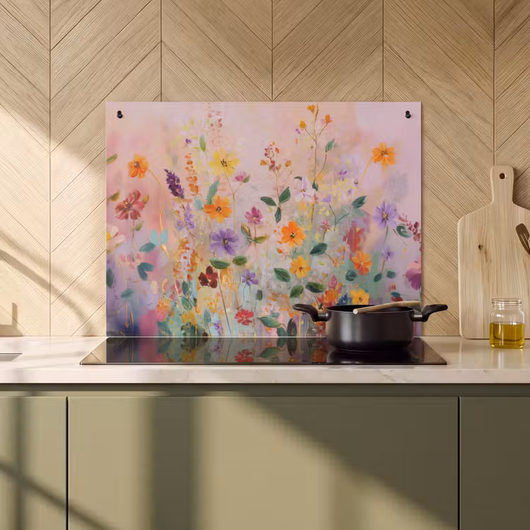 2-in-1 Herdabdeckplatte & Spritzschutz - Gemälde - Blumen - Abstrakt - Farbenfroh - Schilderij - Bloemen - Abstract - Kleurrijk Inductie beschemer met haakjes klein