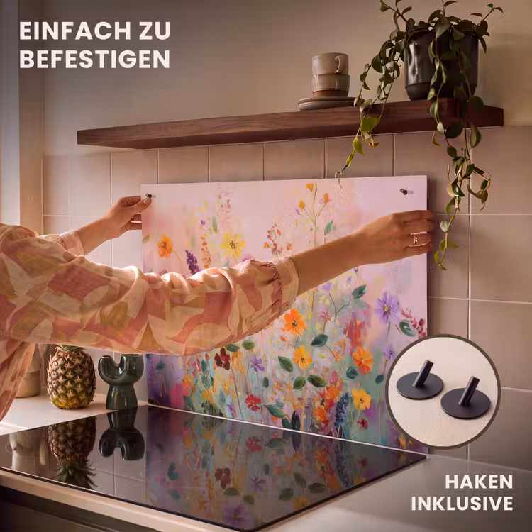 2-in-1 Herdabdeckplatte & Spritzschutz - Gemälde - Blumen - Abstrakt - Farbenfroh - Schilderij - Bloemen - Abstract - Kleurrijk Inductie beschemer met haakjes klein