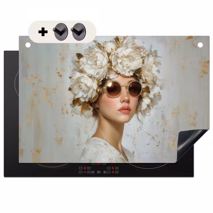 2-in-1 Herdabdeckplatte & Spritzschutz - Gemälde - Frau - Sonnenbrille - Blumenkranz — 1