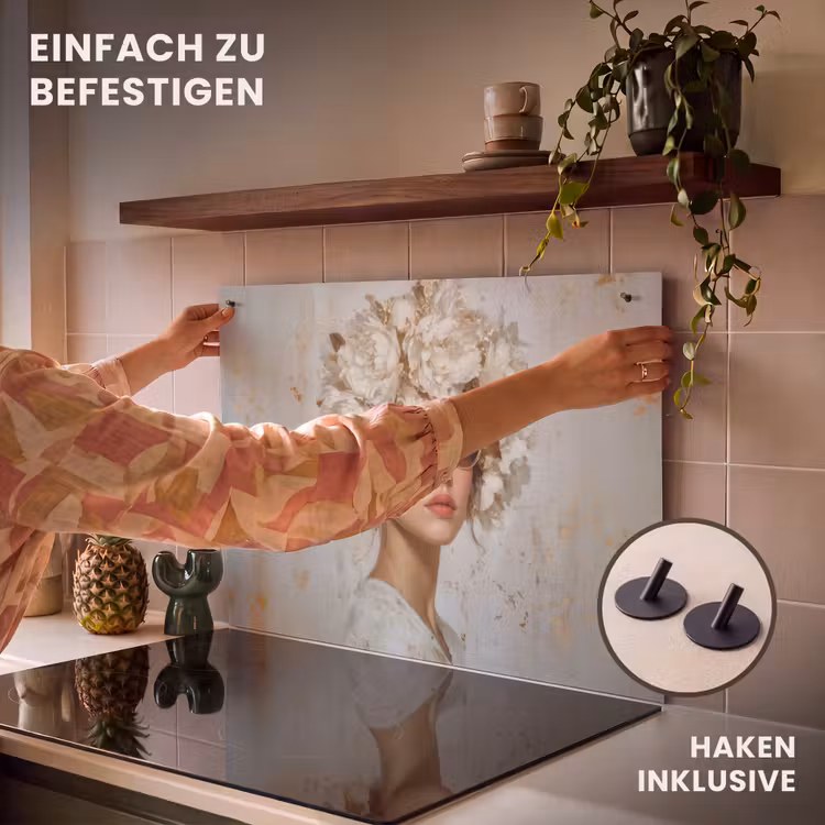 2-in-1 Herdabdeckplatte & Spritzschutz - Gemälde - Frau - Sonnenbrille - Blumenkranz — 7