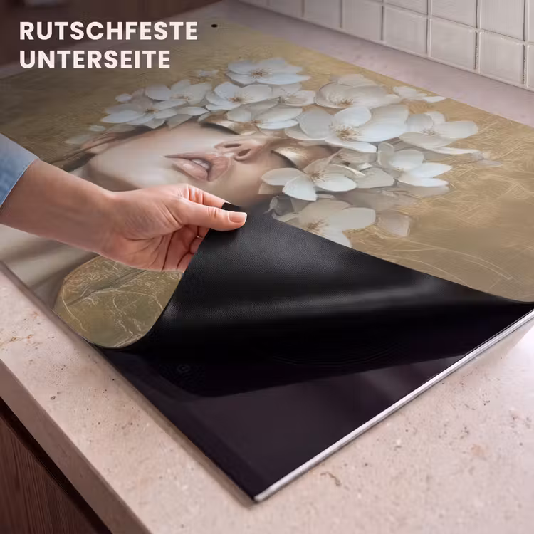 2-in-1 Herdabdeckplatte & Spritzschutz - Gesicht - Blumen - Gold - Abstrakt - Gezicht - Bloemen - Goud - Abstract Inductie beschemer met haakjes klein