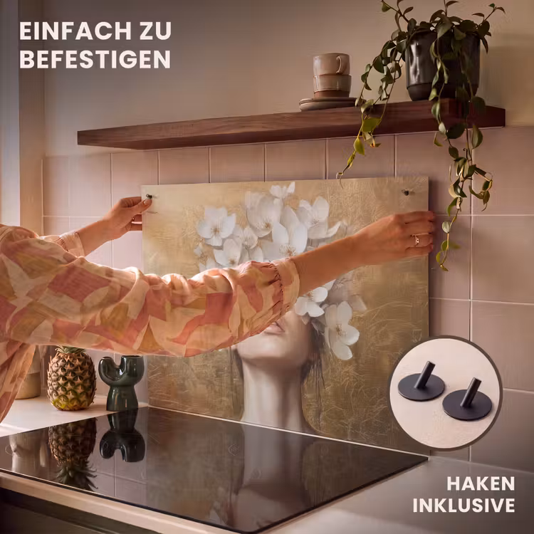 2-in-1 Herdabdeckplatte & Spritzschutz - Gesicht - Blumen - Gold - Abstrakt - Gezicht - Bloemen - Goud - Abstract Inductie beschemer met haakjes klein