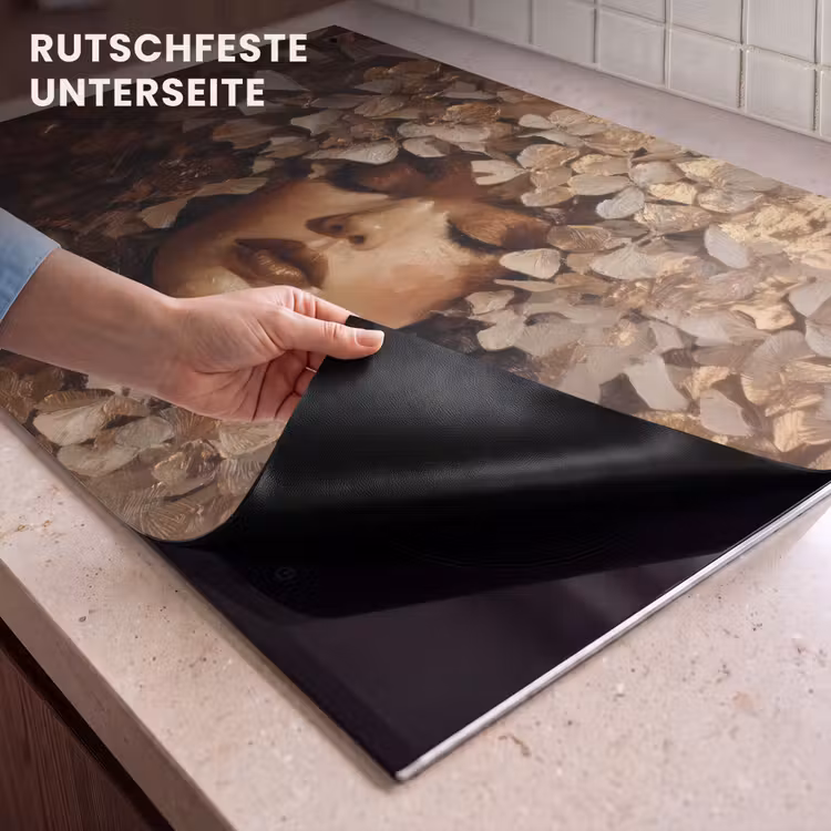 2-in-1 Herdabdeckplatte & Spritzschutz - Gesicht - Dame - Blätter - Pinselstriche — 4