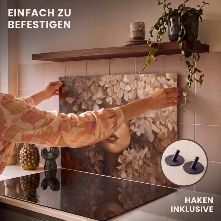 2-in-1 Herdabdeckplatte & Spritzschutz - Gesicht - Dame - Blätter - Pinselstriche — 7