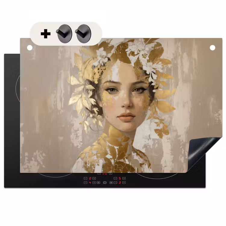 2-in-1 Herdabdeckplatte & Spritzschutz - Gesicht - Frau - Blätter - Gold — 1