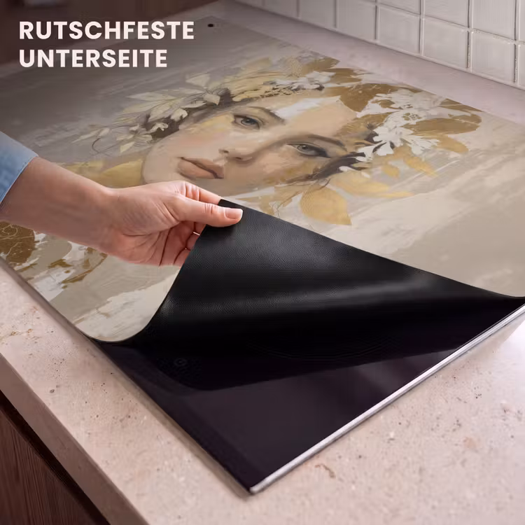 2-in-1 Herdabdeckplatte & Spritzschutz - Gesicht - Frau - Blätter - Gold — 4