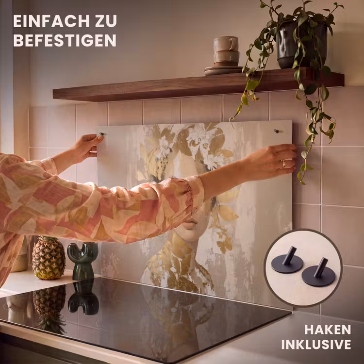 2-in-1 Herdabdeckplatte & Spritzschutz - Gesicht - Frau - Blätter - Gold — 7