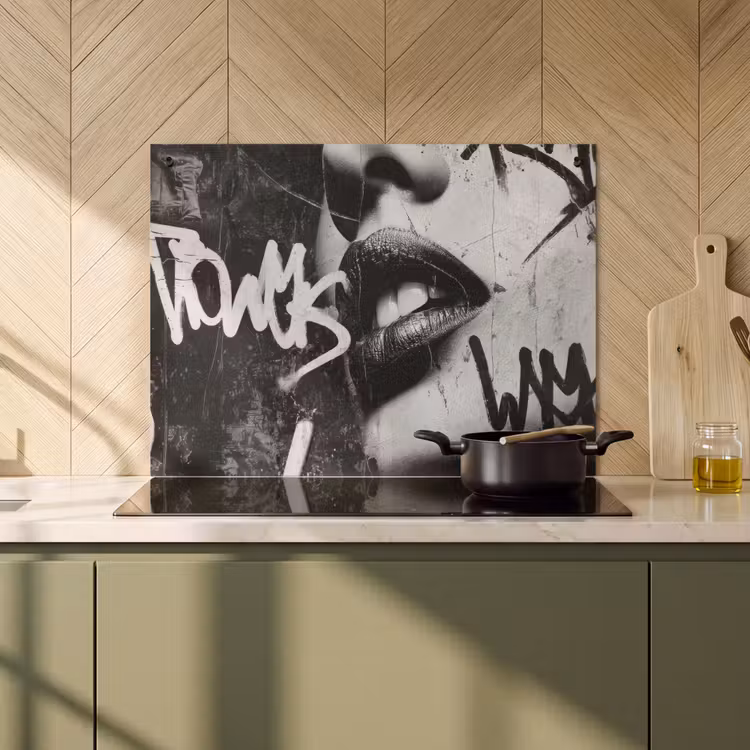 2-in-1 Herdabdeckplatte & Spritzschutz - Gesicht - Mund - Graffiti - Schwarz - Gezicht - Mond - Graffiti - Zwart Inductie beschemer met haakjes klein