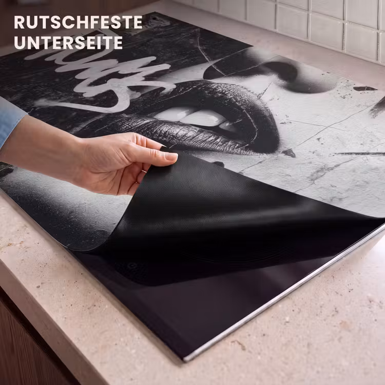 2-in-1 Herdabdeckplatte & Spritzschutz - Gesicht - Mund - Graffiti - Schwarz - Gezicht - Mond - Graffiti - Zwart Inductie beschemer met haakjes klein