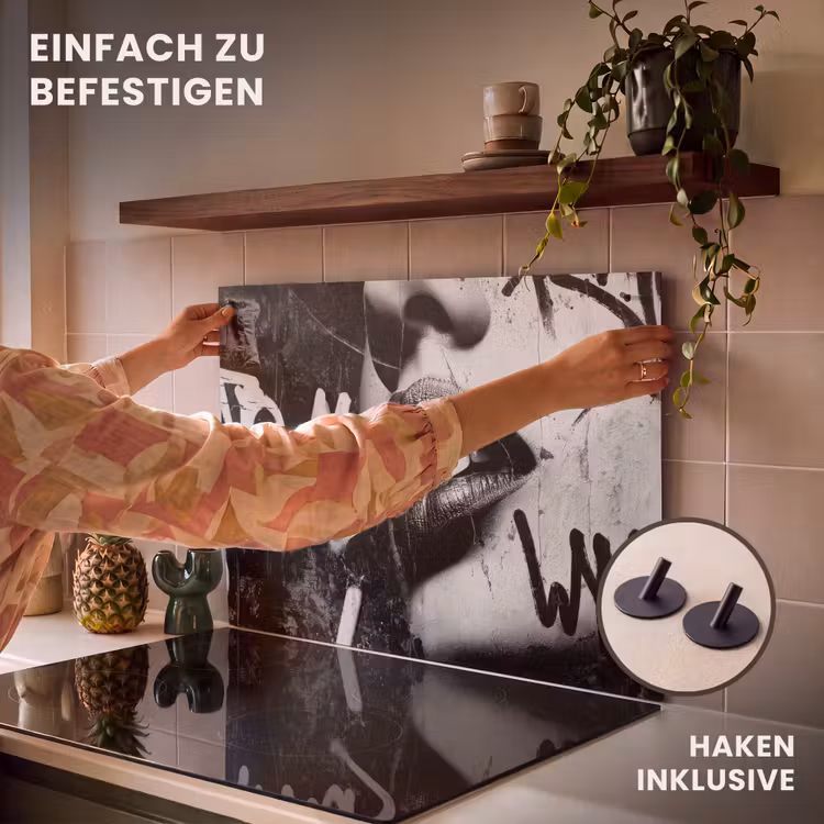 2-in-1 Herdabdeckplatte & Spritzschutz - Gesicht - Mund - Graffiti - Schwarz - Gezicht - Mond - Graffiti - Zwart Inductie beschemer met haakjes klein