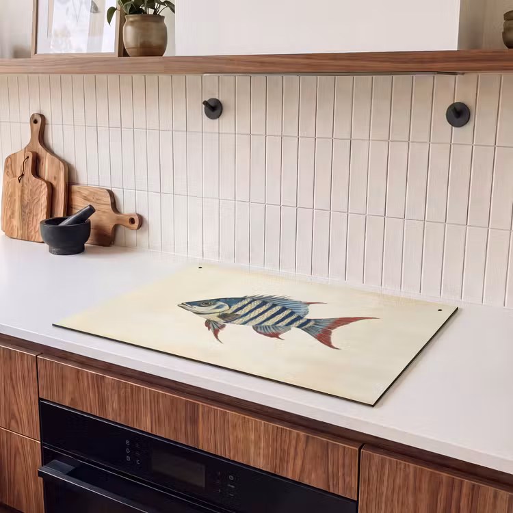 2-in-1 Herdabdeckplatte & Spritzschutz - Gestreift - Dunkelblau - Rückenflosse - Fisch — 2