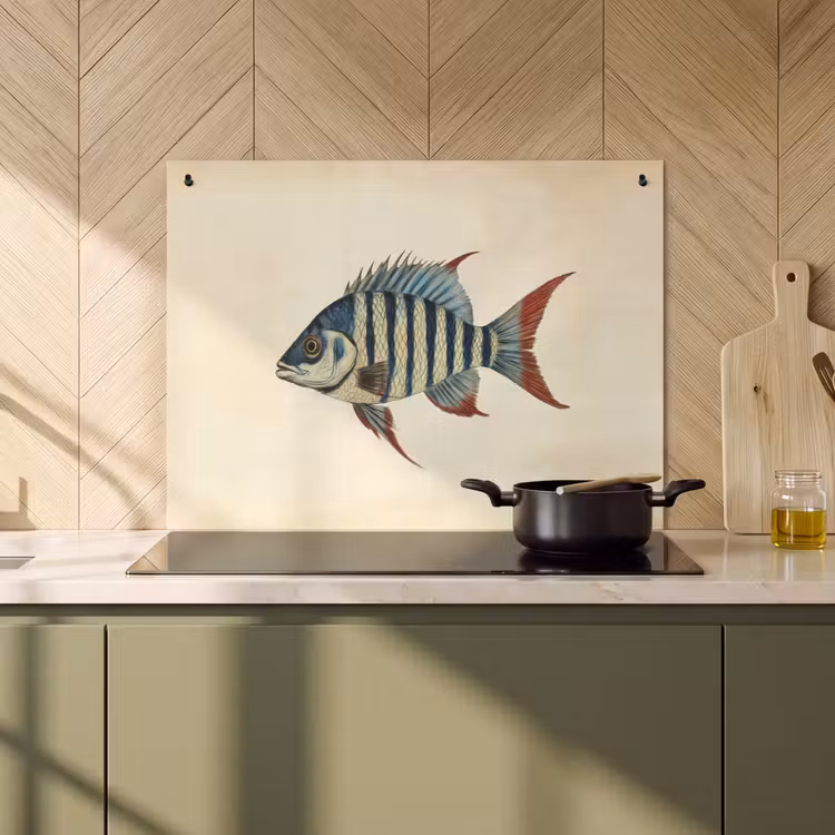 2-in-1 Herdabdeckplatte & Spritzschutz - Gestreift - Dunkelblau - Rückenflosse - Fisch — 3