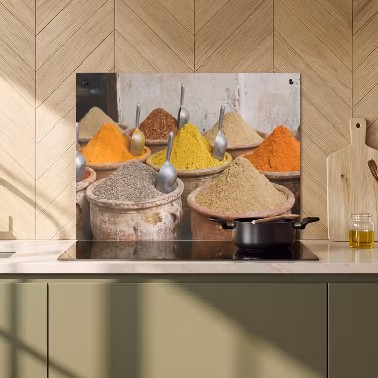 2-in-1 Herdabdeckplatte & Spritzschutz - Gewürze – Gläser – Orientalisch - Kruiden - Potten - Oosters Inductie beschemer met haakjes klein