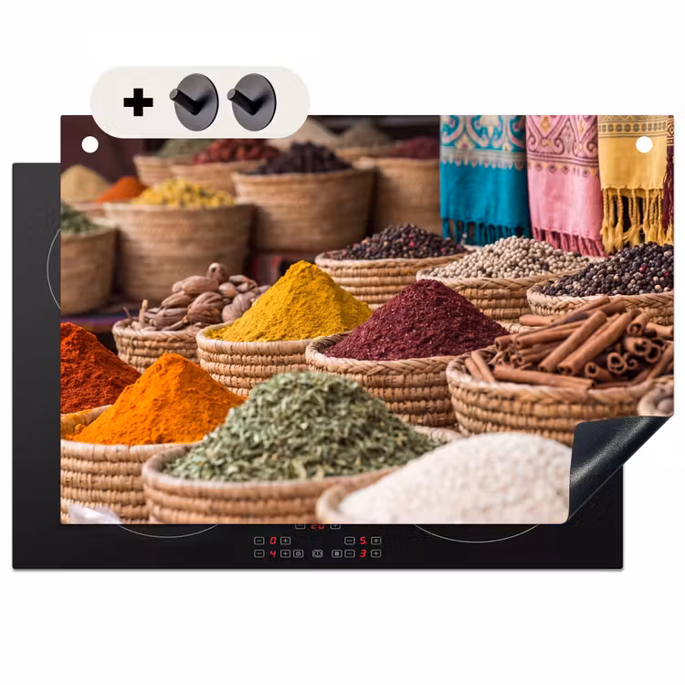 2-in-1 Herdabdeckplatte & Spritzschutz - Gewürze – Körbe – Orientalisch - Kruiden - Manden - Oosters Inductie beschemer met haakjes klein