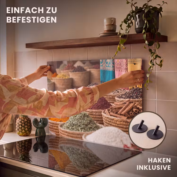 2-in-1 Herdabdeckplatte & Spritzschutz - Gewürze – Körbe – Orientalisch - Kruiden - Manden - Oosters Inductie beschemer met haakjes klein