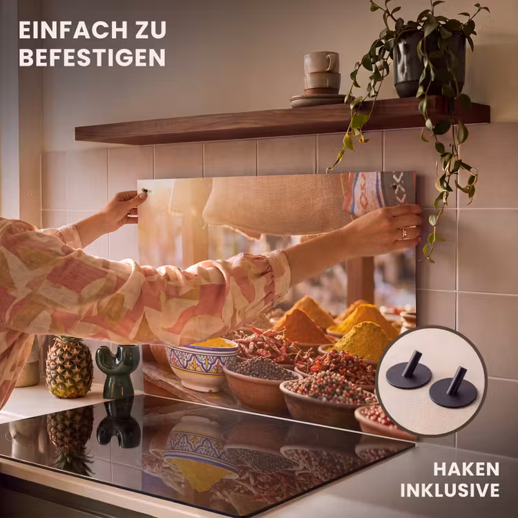 2-in-1 Herdabdeckplatte & Spritzschutz - Gewürze – Markt – Bunt - Specerijen - Markt - Kleurrijk Inductie beschemer met haakjes klein