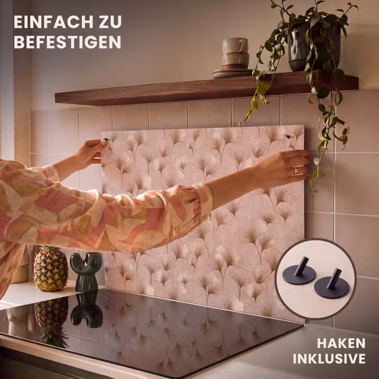 2-in-1 Herdabdeckplatte & Spritzschutz - Ginkgo - Muster - Rosa - Ginkgo - Patroon - Roze Inductie beschemer met haakjes klein 777