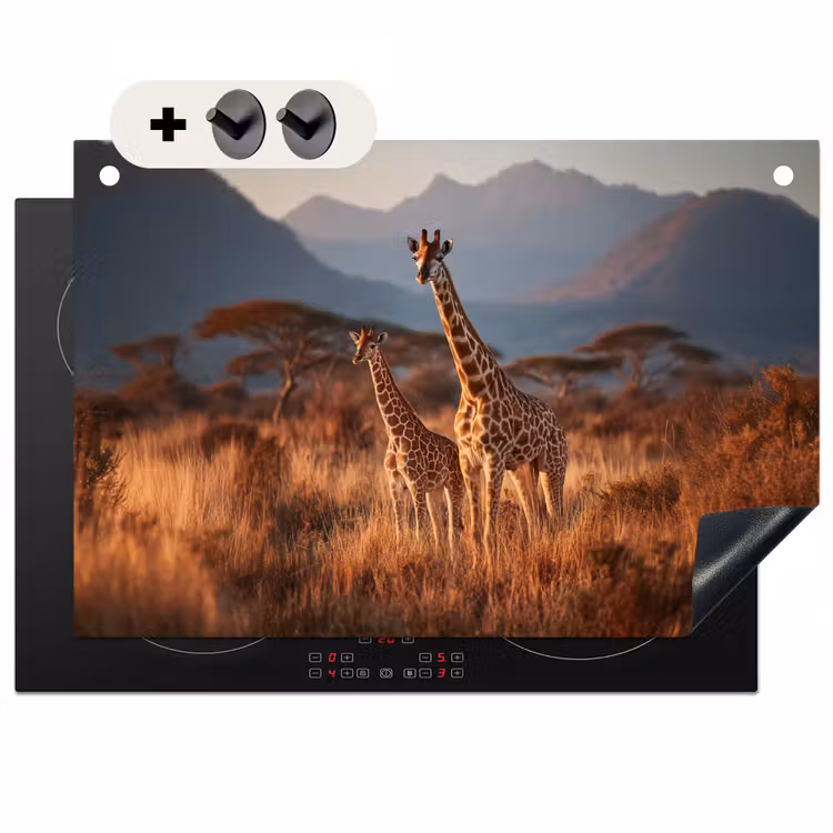 2-in-1 Herdabdeckplatte & Spritzschutz - Giraffen - Hohes Gras - Akazienbäume - Giraffen - Hoog gras - Acaciabomen Inductie beschemer met haakjes klein