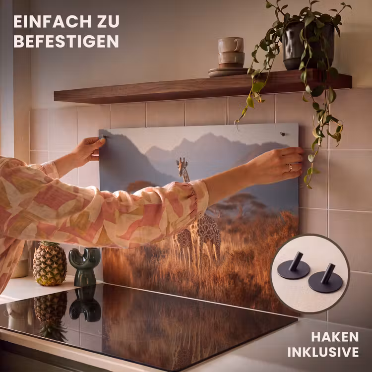 2-in-1 Herdabdeckplatte & Spritzschutz - Giraffen - Hohes Gras - Akazienbäume - Giraffen - Hoog gras - Acaciabomen Inductie beschemer met haakjes klein