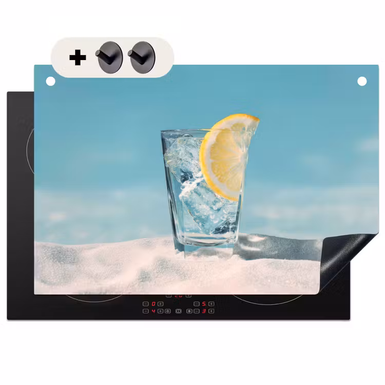 2-in-1 Herdabdeckplatte & Spritzschutz - Glas - Eiswürfel - Zitrone - Glas - ijsblokjes - Citroen Inductie beschemer met haakjes klein