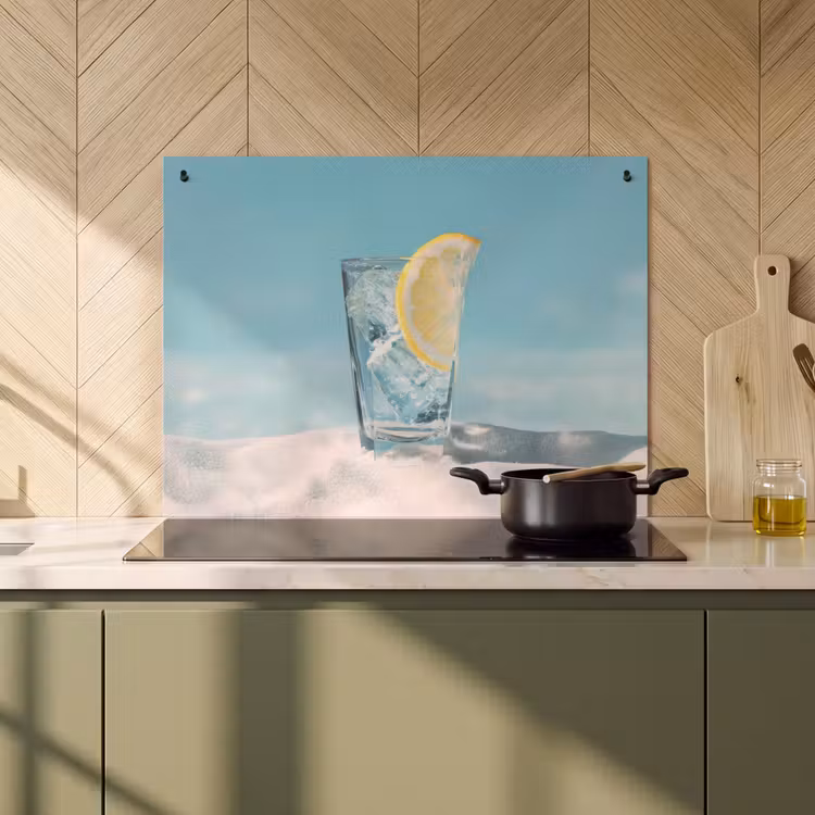 2-in-1 Herdabdeckplatte & Spritzschutz - Glas - Eiswürfel - Zitrone - Glas - ijsblokjes - Citroen Inductie beschemer met haakjes klein