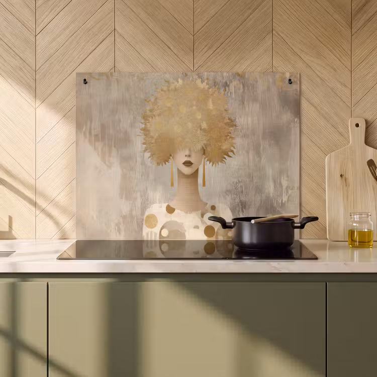 2-in-1 Herdabdeckplatte & Spritzschutz - Gold - Porträt - Frau - Goud - Portret - Vrouw Inductie beschemer met haakjes klein