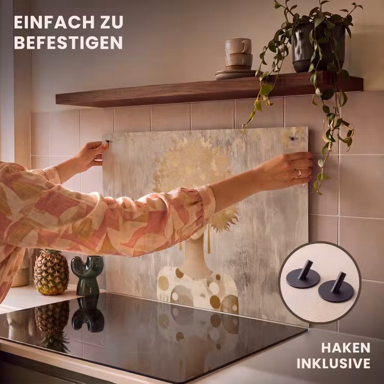 2-in-1 Herdabdeckplatte & Spritzschutz - Gold - Porträt - Frau - Goud - Portret - Vrouw Inductie beschemer met haakjes klein