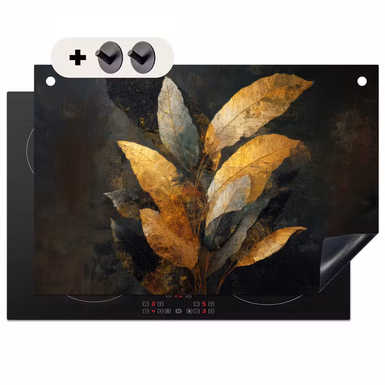 2-in-1 Herdabdeckplatte & Spritzschutz - Golden Leaf Komposition - Botanical Luxury - Gouden Bladcompositie – Botanische Luxe Inductie beschemer met haakjes klein